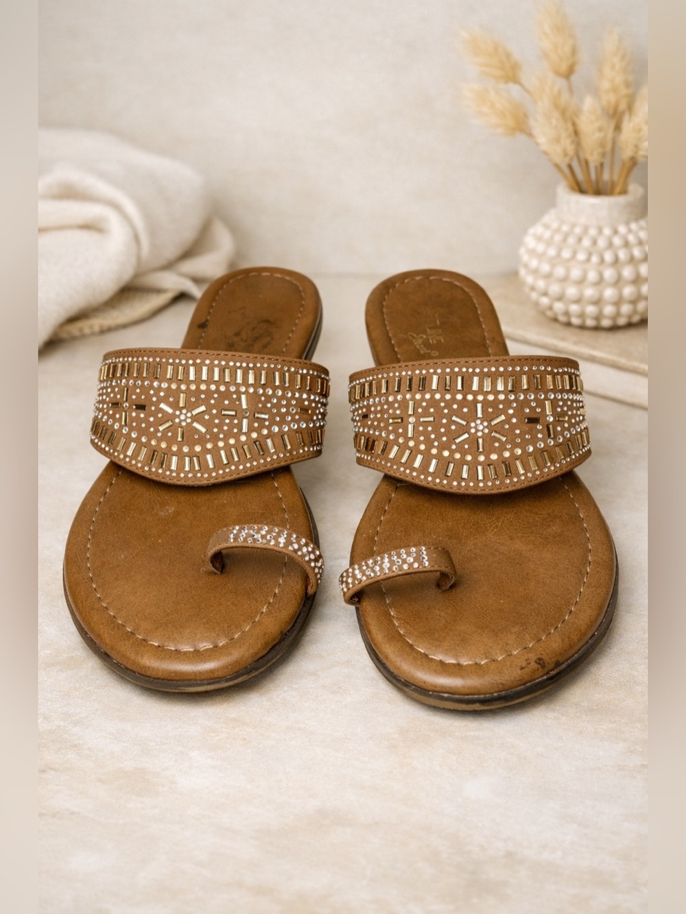 Madeline Stuart Brown/Tan Jeweled Flat Sandals 8M